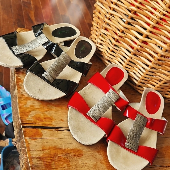2-  Vtg Ros Hommerson leather sandals slides red black sz 10 - Picture 1 of 16